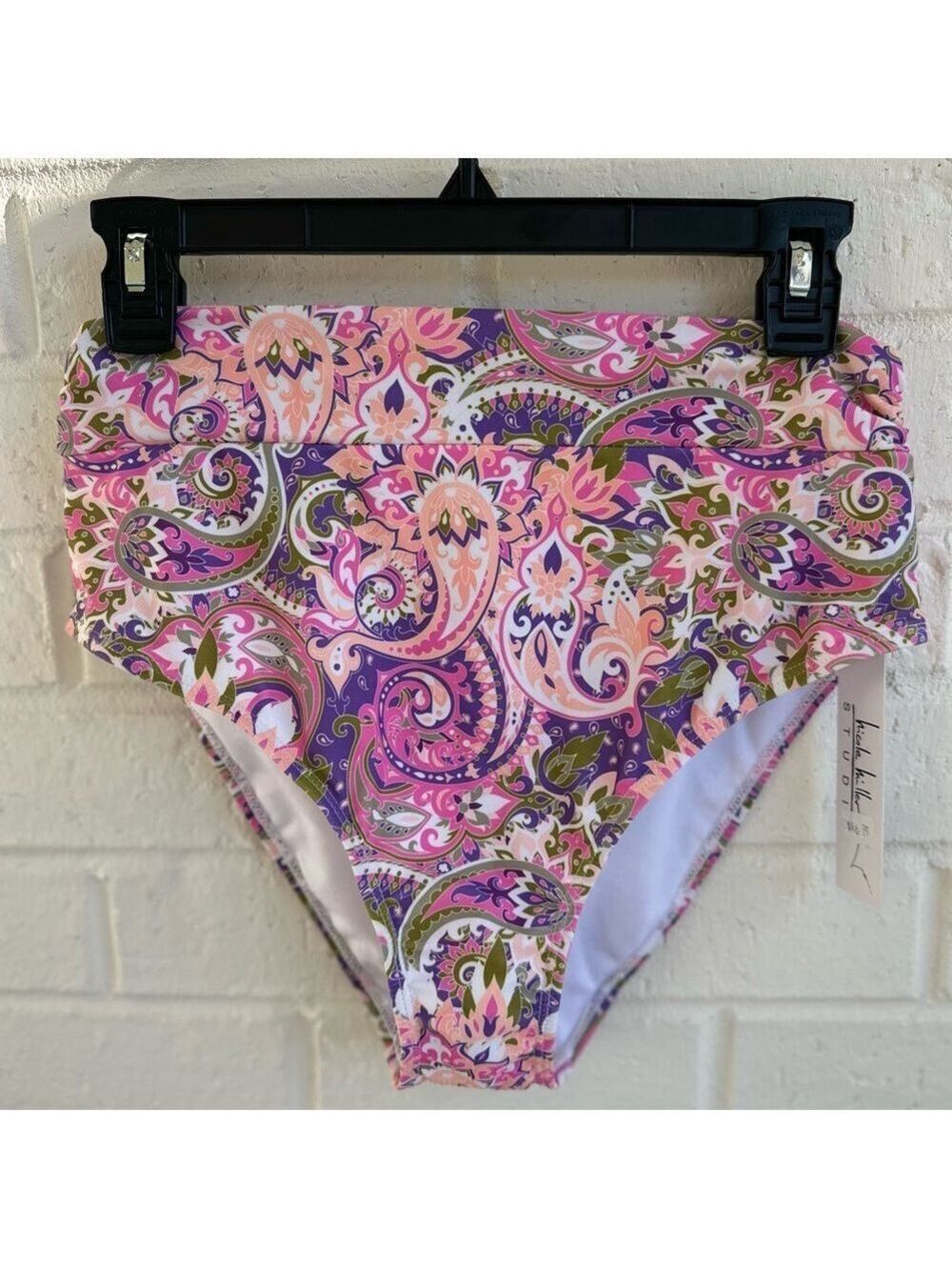 NWT Nicole Miller Pink, Purple, Green, White Paisley Print Bikini Bottom Size L